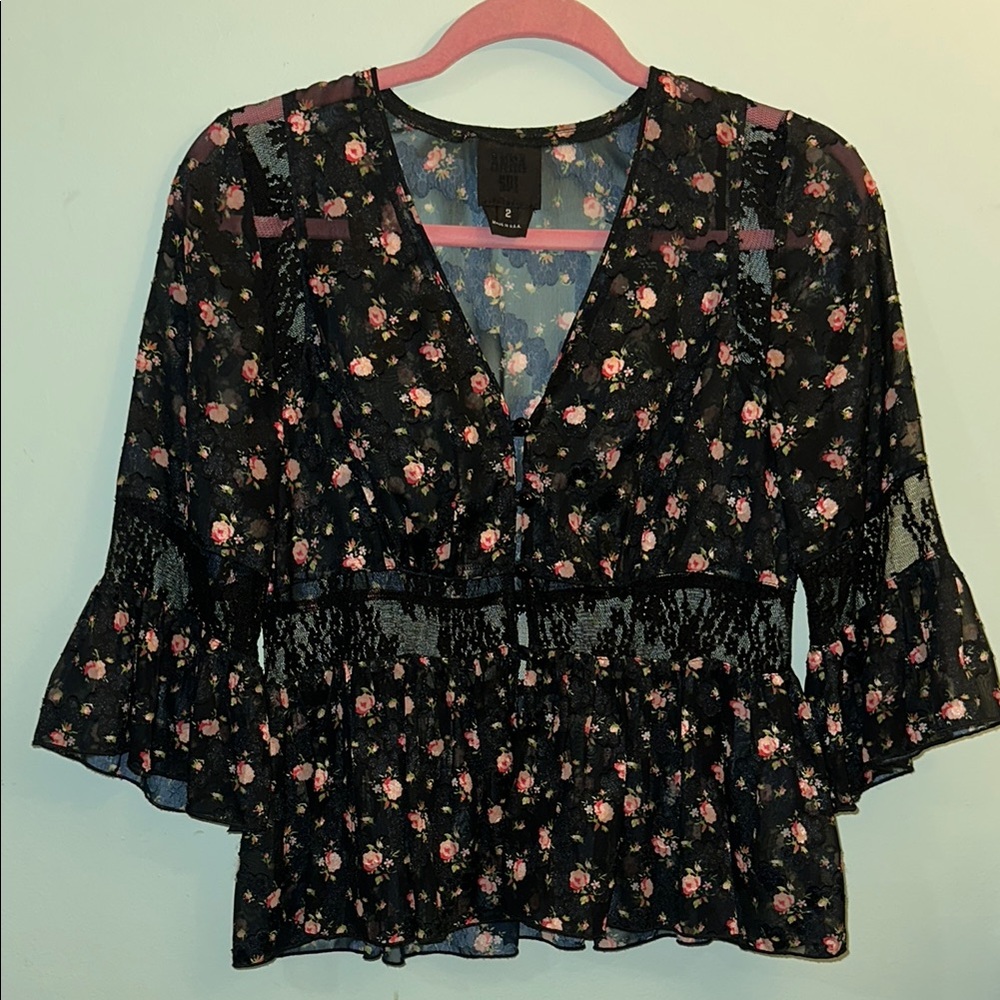 Anna Sui Black and Pink Smocked Bell Sleeve Blouse